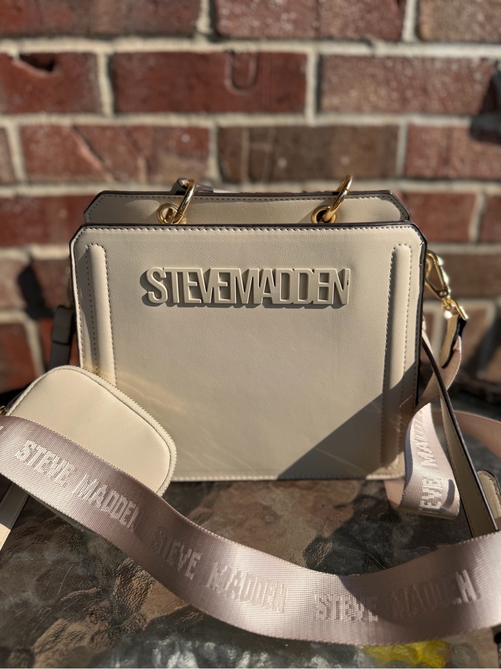 Steve Madden Bevelyn Crossbody Bag in Beige with Logo Strap & thin strap